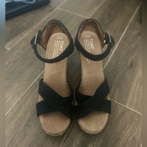 Toms Sienna Espadrille Wedge Sandals Size 7.5 Black Canvas Ankle Strap